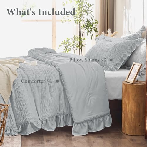JOLLYVOGUE Light Grey Comforter Full Size, 3 Pieces Seersucker Lightweight Full Size Bedding, All Season Fluffy Microfiber Bedding Comforter Set with 1 Ruffle Comforter and 2 Ruffle Pillowshams