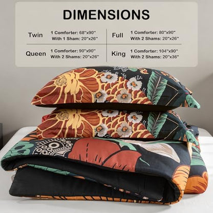 Tyrot Black Boho Floral King Comforter Set - 3 Piece Vintage Botanical Bedding Comforter Sets for All Season Soft Lightweight Mid Century Modern Bed Set, (1 Reversible Comforter and 2 Pillow Shams