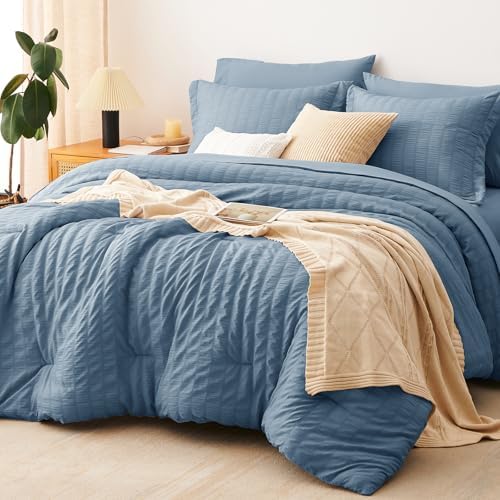 CozyLux California King Comforter Set, Grayish Blue Seersucker Bed in a Bag