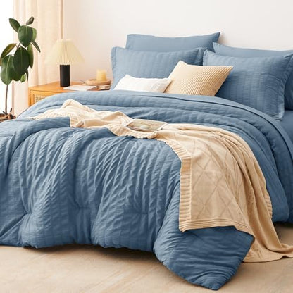 CozyLux California King Comforter Set, Grayish Blue Seersucker Bed in a Bag