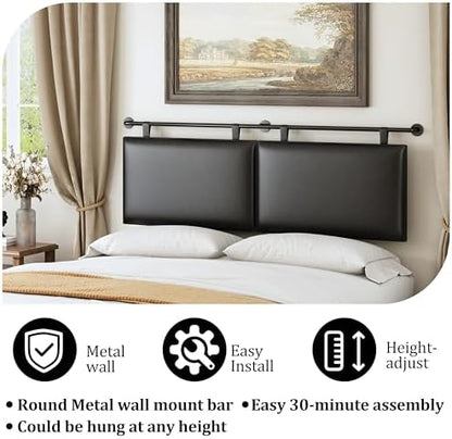 BSHOMGI King Size Headboard Wall Mount Headboard, PU Leather Head Board Only Black Hanging Head Boards, Industrial Pipe Modern Bed Backboard for Bedroom (Black, King)