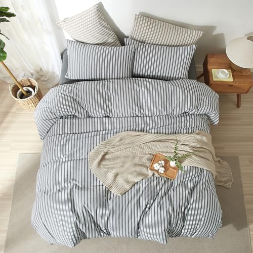 Striped Duvet Cover Set 100% Washed Cotton Linen Feel King