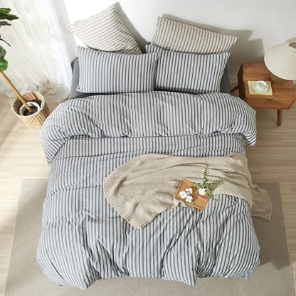 Striped Duvet Cover Set 100% Washed Cotton Linen Feel King