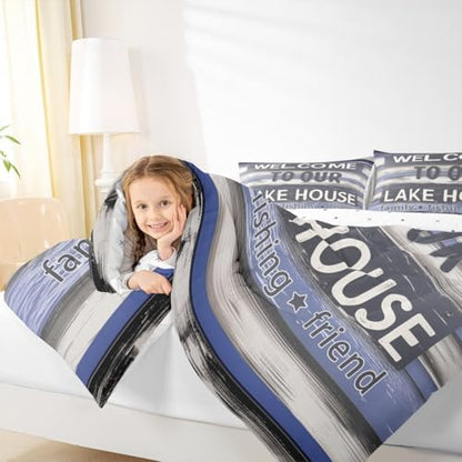 Manfei Lake House Comforter Set King Size, Rustic Cabin Lake Life Bedding Set 3pcs, Farmhouse Wooden Plank Down Comforter for All Season, Kids Boys Teen Room Decor, 2 Pillowcases, No Sheets