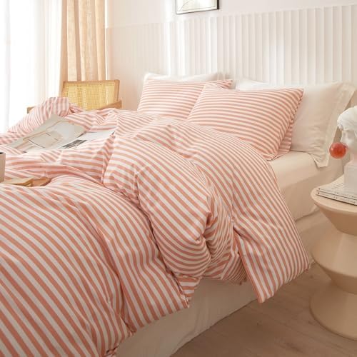 Full Comforter Set Pink White Stripes Pattern Comforter Full Modern Style Striped Comforter with 2 Pillowcases Lightweight 3 Pieces Boho Bedding Comforter Farmhouse Striped Fluffy Comforter Set
