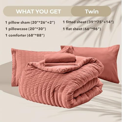 HYMOKEGE Coral Twin Comforter Set Seersucker 5 Pieces, All Season Luxury Bed in a Bag for Bedroom, Bedding Set with Comforter, Sheets, Pillowcase & Sham
