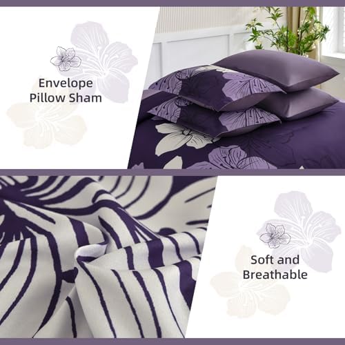 Dark purple Comforter Set Queen Size, 7 Pieces Floral Bed in a Bag