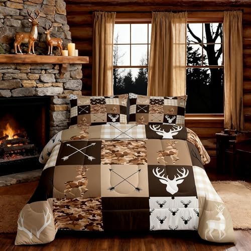 Antler Silhouette Kids Comforter Set Queen Size,Camo Brown Rustic Bedding Set,Girls Boys Adults Bedroom/Xmas Decor,Geometric Plaid Patchwork Down Comforter,Arrows Boho Duvet Insert,3pcs,2 Pillowcases