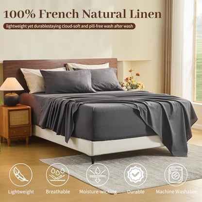 MEISHANG 100% French Linen Sheets King,6 Pcs,18-24" Extra Deep Pocket