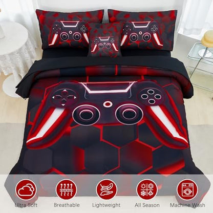 URBONUR Black and Red Gaming Comforter Set Twin Size for Boys 6 Pieces