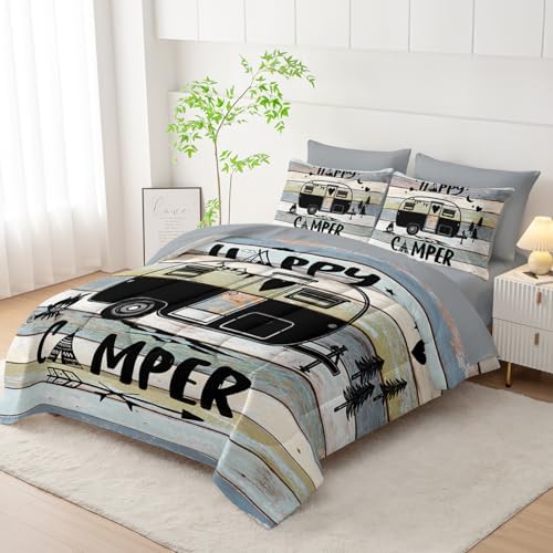 HOSIMA 7Pcs Vintage Camping Travel Trailer Printed Twin Bedding Sets.