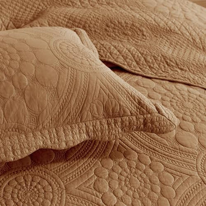 MarCielo 3-Piece 100% Cotton Oversized Bedspread Lightweight Quilt Coverlet Embroidery Farmhouse Bedding Set (Tf Dusty Orange, Oversized Queen (100"x106"))