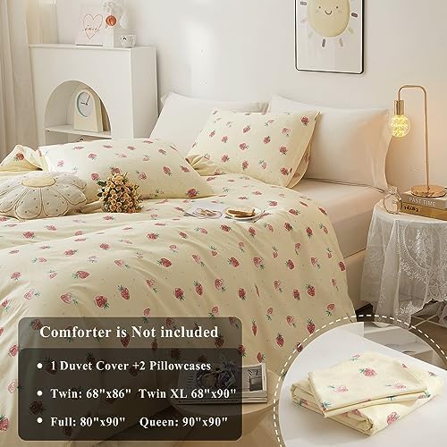 VM VOUGEMARKET Kids Duvet Cover Set Twin XL Kawaii Strawberry Duvet Cover with 2 Pillowcases 100% Cotton Fruit Comforter Cover with Zipper for Teen Girls Room Decor-68x90 Inch
