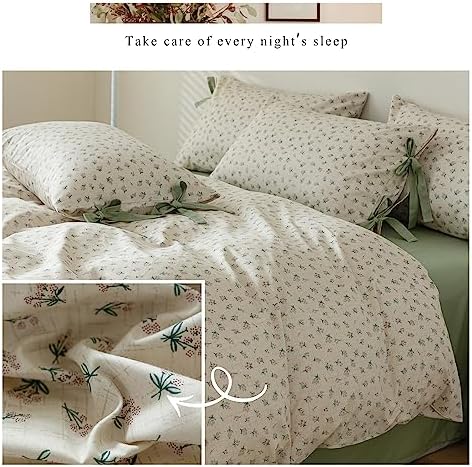 LifeTB Green Floral Comforter Set Queen Vintage Coquette Bedding Comforter for Girl Women Floral Botanical Comforter with 2 Bow Ties Pillowcases Cottagecore Bedding Flowers Comforter Set Queen Size