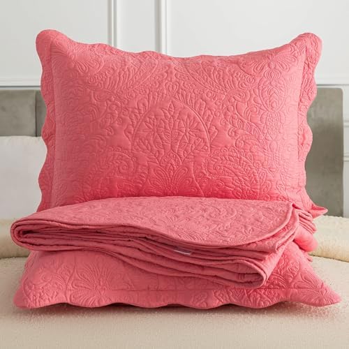 HoneiLife Queen Quilt Bedding Set - Microfiber Quilt Sets for Queen Bed, 3-Piece Lightweight Bedspreads,Reversible Coverlets Rustic Bedlinen Sets, Floral Bedding Set All Season Quilts-Sugar Coral