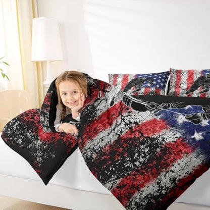 Homewish American Flag King Size Comforter Set,Kids Hockey Sport Player Decor All Season Bedding Set,Teens Retro Style Comforter,Girls Blue and Red Decor Quilt Set Bedroom Collection 3Pcs