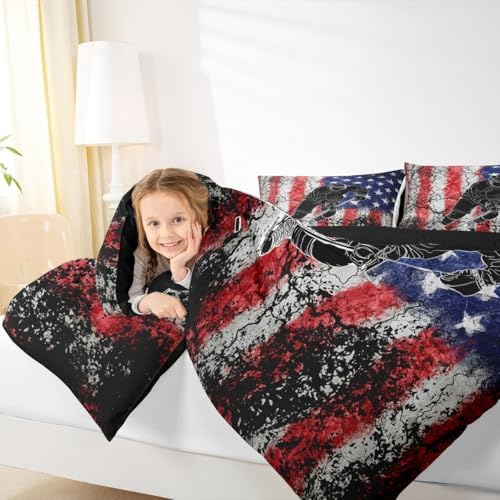 Homewish American Flag Comforter Set Queen Size,Hockey Sport Player Bedding Set for Kids Boys Girls Bedroom Decoration,Retro Style Bed Duvet Insert,Blue and Red Comforter with 2 Pillowcase