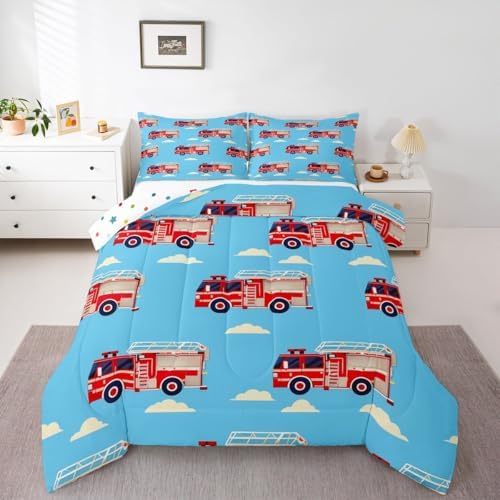 Erosebridal Cartoon Fire Truck Bedding Set Toddler, Red Firemen Car Comforter Set, White Cloud Blue Sky Comforter for Kids Men Teens Boys Room Decor, Fire Engine Quilt with 1 Pillowcase, Microfiber