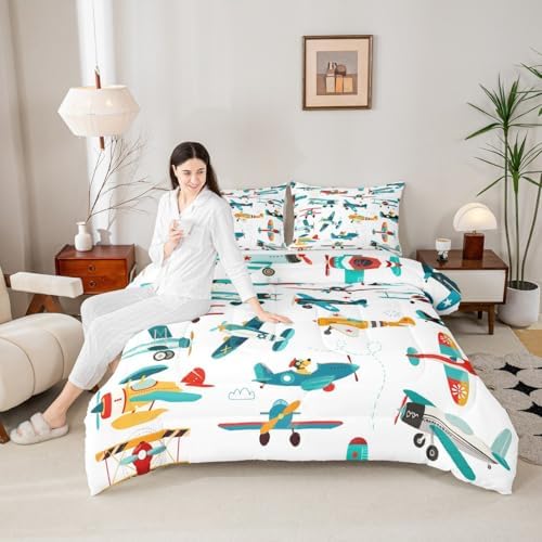 Cute Airplane Comforter Set Queen Size Kids Boys Cartoon Plane Bedding Set 3pcs Colorful Aviation Aircraft Quilted Duvet Graffiti Star Lines White Duvet Insert Teens Bedroom Decor,2 Pillowcases