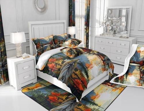Sunset Lake House Comforter Set Full Size,Tree Branch Woodland Bedding Set for Kids Teens Adults Room Decor,Natural Scenery Retro Quilt Set,Camping Adventure Theme Duvet Insert 3Pcs,2 Pillowcases