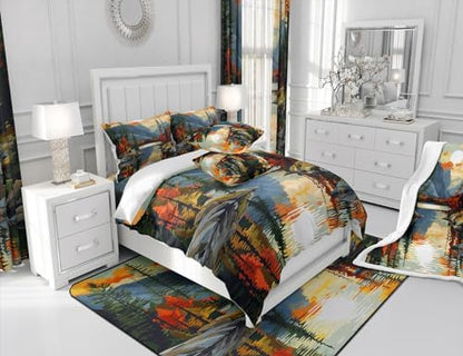 Sunset Lake House Comforter Set Full Size,Tree Branch Woodland Bedding Set for Kids Teens Adults Room Decor,Natural Scenery Retro Quilt Set,Camping Adventure Theme Duvet Insert 3Pcs,2 Pillowcases