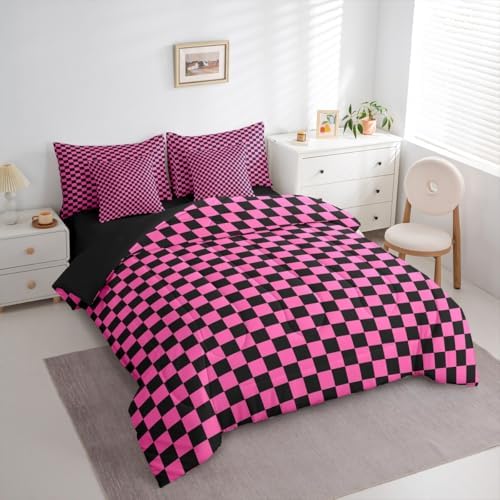 jejeloiu Pink Black Bedding Set 7Pcs King Size Kids Plaid Checkered Comforter Set with Sheets for Boys Girls Classic Grid Buffalo Check Bed in a Bag Soft Lightweight,Microfiber