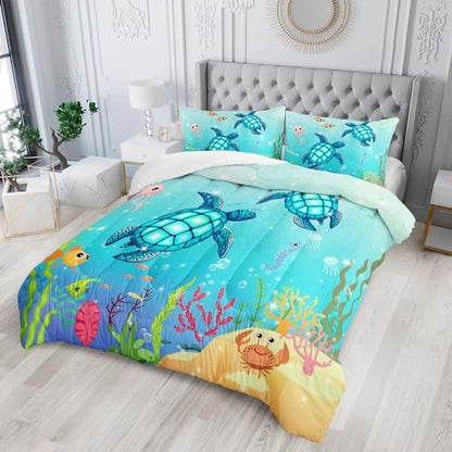 Turtle Comforter Set Twin Ocean Watercolor Sea Turtle Bedding Set Nautical Sea Animal Reptile Bed Set with 2 Pillowcases for Kids Room Decor