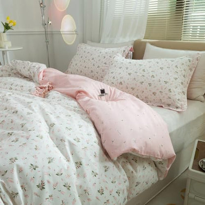 VM VOUGEMARKET Girls Duvet Cover Twin Pink Flower Bedding Set 100% Cotton Teen Girls Floral Comforter Cover with Zipper Ties Reverisble Lightweight (3pcs,68x86,White & Pink)