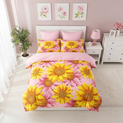 CCoutueChen Sunflower Comforter Set Full Size, Pink Yellow Bedding Set, 3 Pieces Oil Painting Bedroom Decor with 2 Pillowcases/79 * 90