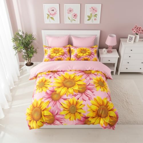 CCoutueChen Girls Sunflower Comforter Set Queen Size, Pink Yellow Soft Microfiber Bedding Set, 3 Pcs Cozy Oil Painting Bedroom Decor Quilted for Adult Women, 90"x90"