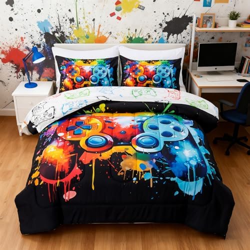 Full Size Comforter Set for Boys, 5 Pieces Graffiti Gamer Bedding Set