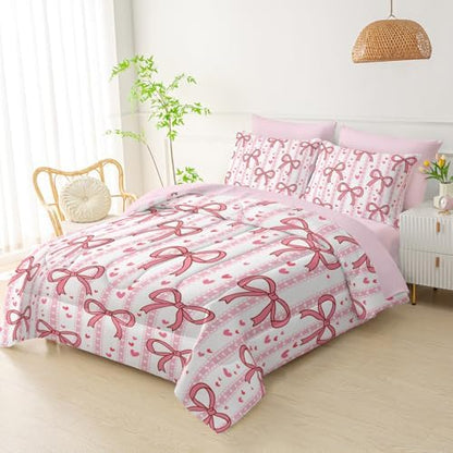QOOMO Pink Bow 7 Pieces Comforter Set Full,Love Bowknot Bedding Set