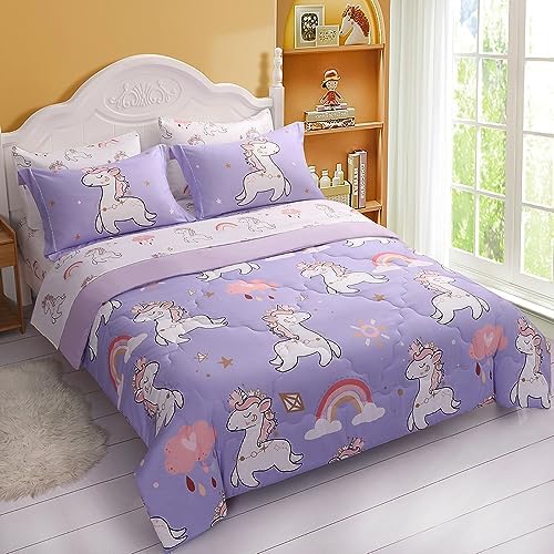Wajade Kids Purple Unicorn Comforter Set Bed in A Bag Full Size 7 Piece Cute Unicorn Rainbow Clouds Bedding Set for Girls (1 Comforter, 1 Flat Sheet, 1 Fitted Sheet, 2 Pillowcase and 2 Pillow Sham)