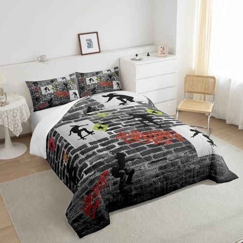 Skater Boy Comforter for Boys Kids Girls Graffiti Hip Hop Comforter Set Full Size Home Decor Soft Gray Watercolor Wall Bedding Set Street Art Teens Bedroom Down Duvet,1 Comforter with 2 Pillowcase