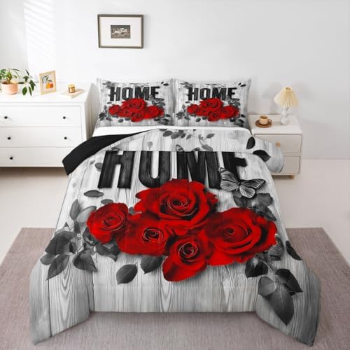 Castle Fairy Red Rose Comforter Set Twin Size,Wooden Plank Rustic Farmhouse Breathable Bedding Set,Kids Adults Room Decor,Valentine's Day Romantic Microfiber Duvet Insert,1 Pillowcase