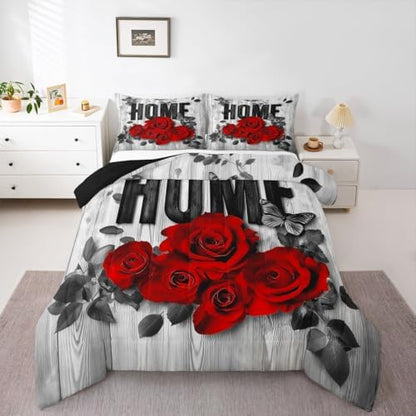 Castle Fairy Red Rose Comforter Set Twin Size,Wooden Plank Rustic Farmhouse Breathable Bedding Set,Kids Adults Room Decor,Valentine's Day Romantic Microfiber Duvet Insert,1 Pillowcase