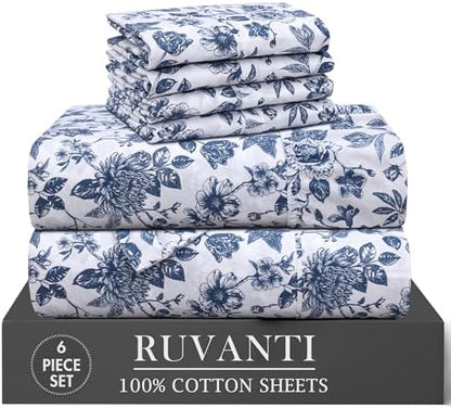 RUVANTI 100% Cotton California King Sheet Set, Percale Sheets, Wild Flower