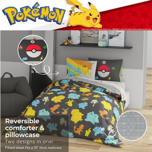 Pokemon Bedding Set, Full Size 7 Piece Set Kids Super Soft Cozy Reversible Comforter and Sheet Set with Sham, (100% Officially Licensed Product) by Franco