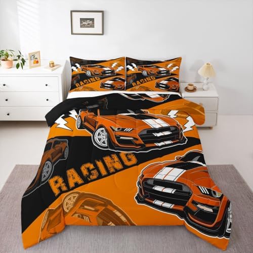 Erosebridal Orange Race Car Bedding Set for Boys Sports Car Comforter Set Queen,Race Car Bedroom Decor for Boys Girls Kids Racing Car Comforter Set Cool Race Cars Gamer Bedding Sets 3Pcs