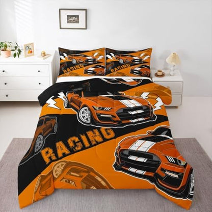 Erosebridal Orange Race Car Bedding Set for Boys Sports Car Comforter Set Queen,Race Car Bedroom Decor for Boys Girls Kids Racing Car Comforter Set Cool Race Cars Gamer Bedding Sets 3Pcs