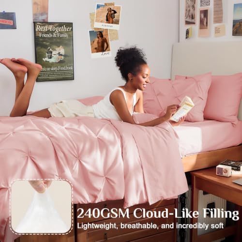 JOLLYVOGUE Twin XL Comforter Set 5 Pieces - Bed in a Bag Twin XL for All Season, Pintuck Bedding Comforter Sets with Comforter, Flat Sheet, Fitted Sheet and Pillowcases & Shams, Pink