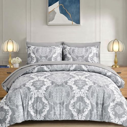 WONGS BEDDING Grey Comforter Set King Size Damask Texture 7 Pieces Gray Bed in a Bag Soft Microfiber Boho Comforter Bedding Sheet Set Comforter Flat Sheet Fitted Sheet Pillow Shams Pillowcases