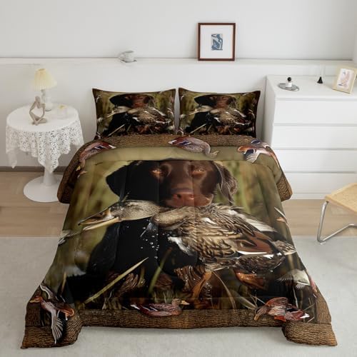Duck Hunting Bedding Dog Hunter Comforter Set for Kids Boys Girls Wild Animal Mallard Duck Print Duvet Set Hunting and Fishing Farmhouse Theme Quilts Wildlife Flying Duck Bedding Twin Size 2 Pcs