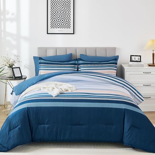 Dobuyly Blue Queen Comforter Set 7 Pieces, Boho Striped Bed in a Bag Queen Size Soft Microfiber All Season Bedding Set with Comforter, Sheets, Pillowcases & Shams