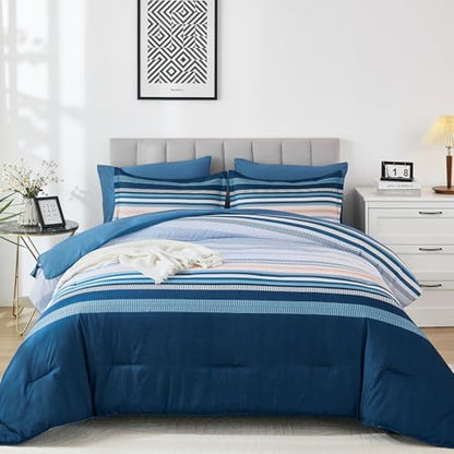 Dobuyly Blue Queen Comforter Set 7 Pieces, Boho Striped Bed in a Bag Queen Size Soft Microfiber All Season Bedding Set with Comforter, Sheets, Pillowcases & Shams