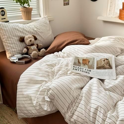 mixinni Vintage Striped Twin Duvet Cover Set, 3 Piece Premium Washed Microfiber Minimalist Beige Brown Stripes Bedding, Neutral Comforter Cover with Hidden Zipper & Corner Ties for Men Women