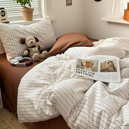 mixinni Vintage Striped Twin XL Duvet Cover Set, 3 Piece Premium Washed Microfiber Minimalist Beige Brown Stripes Bedding, Neutral Comforter Cover with Hidden Zipper & Corner Ties for Men Women