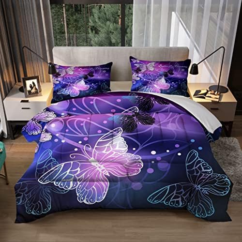 Sunnycitron Butterfly Comforter Set for Girls 3D Purple Butterfly Bedding with Comforter Full Size Girls Neon Butterflies Purple Bed comforters Full,1 Comforter + 2 Pillowcases