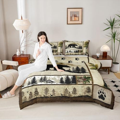 Erosebridal Black Bear Comforter Set King Size Wild Animal Bear Deer Print Bedding for Boys Girls Men Hunting Themed Bedding Comforter Sets Grids Patchwork Decor Duvet Insert Western Farmstyle Quilt