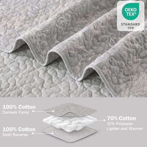 100% Cotton Quilt Set Queen Size, Classic Damask, Gray 90"x98"
